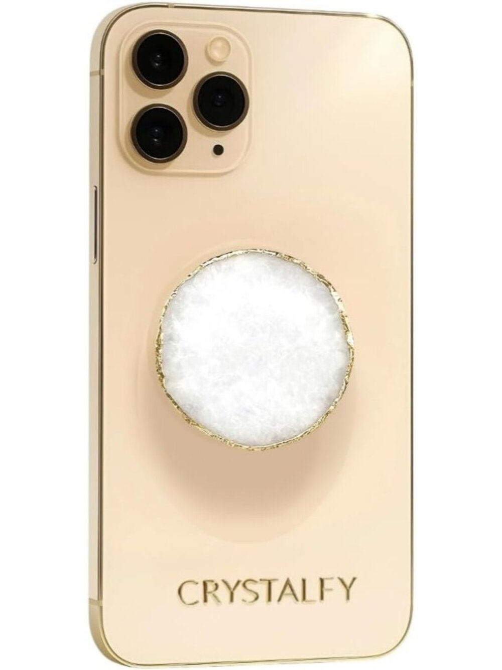 CRYSTALFY Crystal Phone Grip Holder Kickstand Round White Clear Quartz Druzy